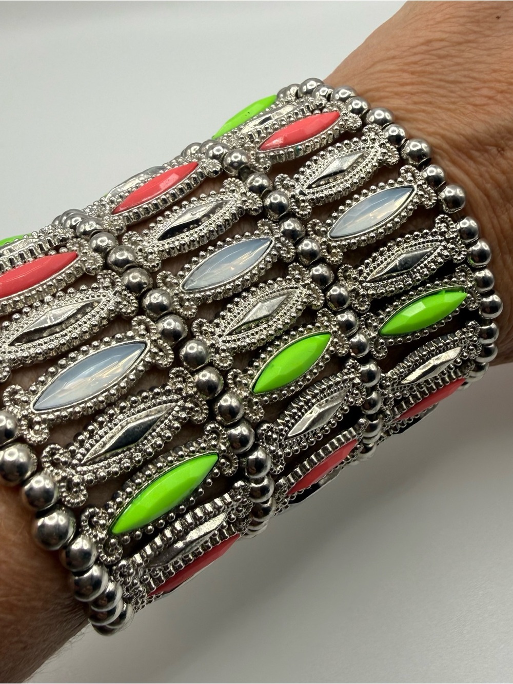 Multi-Row Silver Bracelet with Neon Green, Coral and Opal Accents